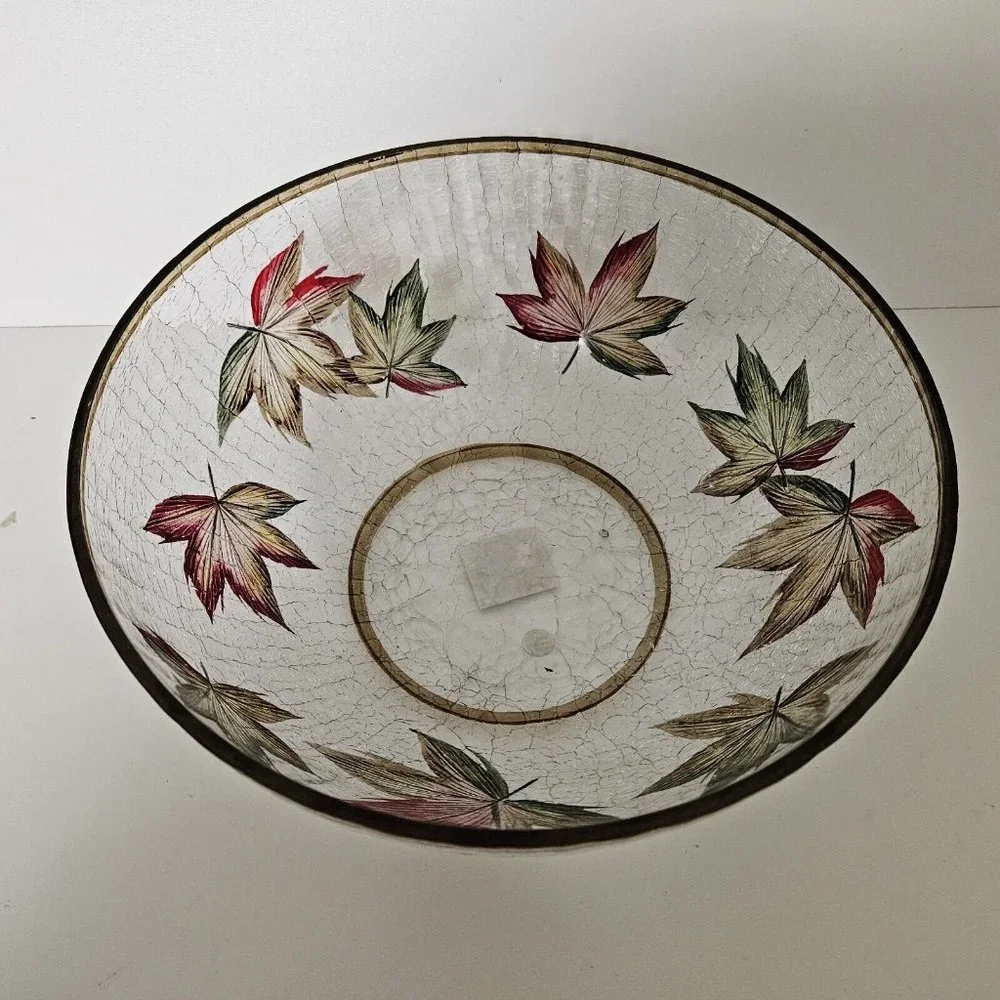 Yankee Candle Large Bowl Crackle Glass Holiday Fall Maple Leaves 9.75‎ inches
